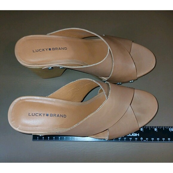 Lucky Brand Sz 6.5 Leather Nude Brown Tan Wooden Block Heel Mule Clogs Open Toe - Picture 9 of 13